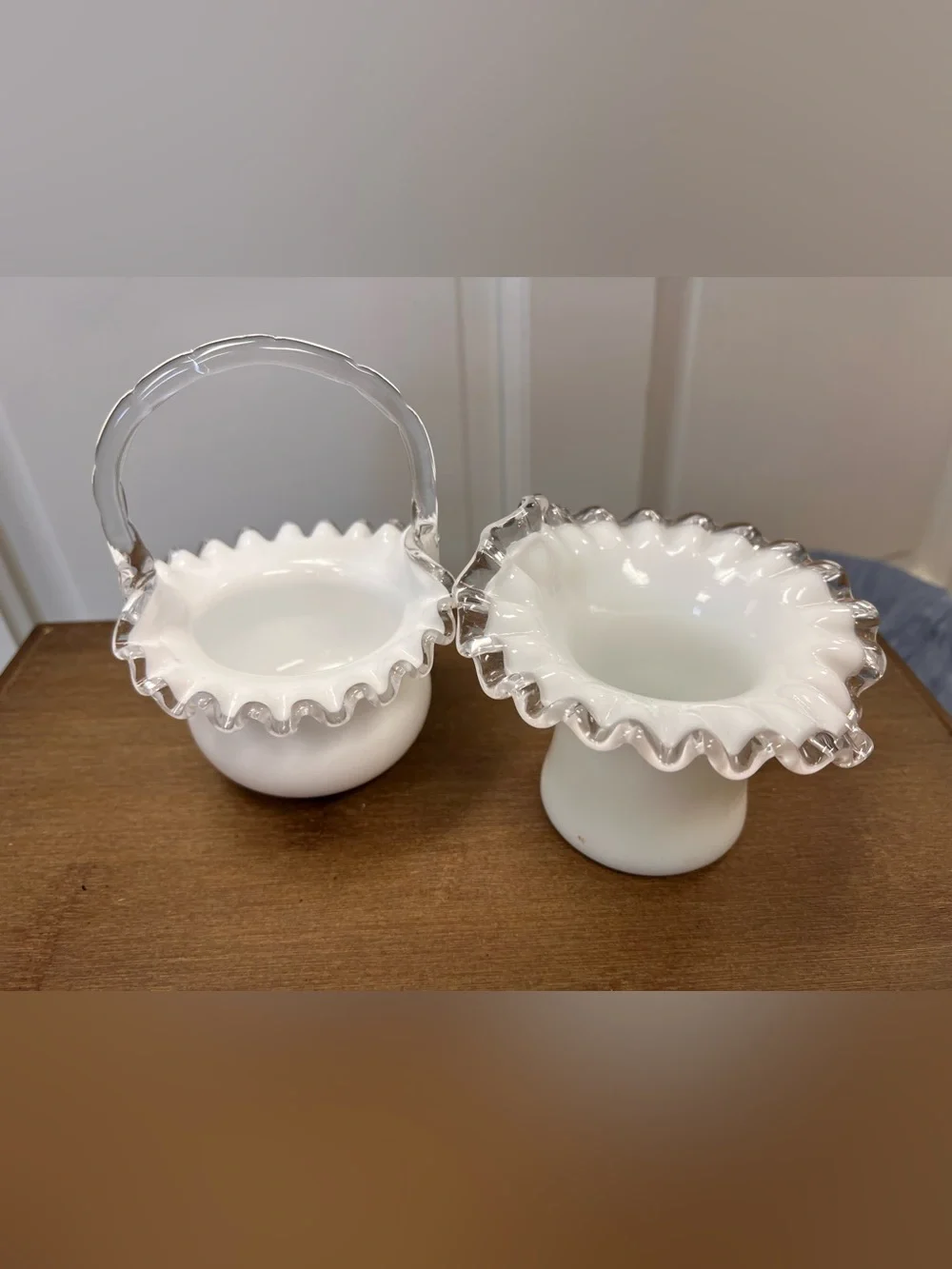 Vintage White Milk Glass Basket and White Milk Glass Ruffled Dish (set 2)